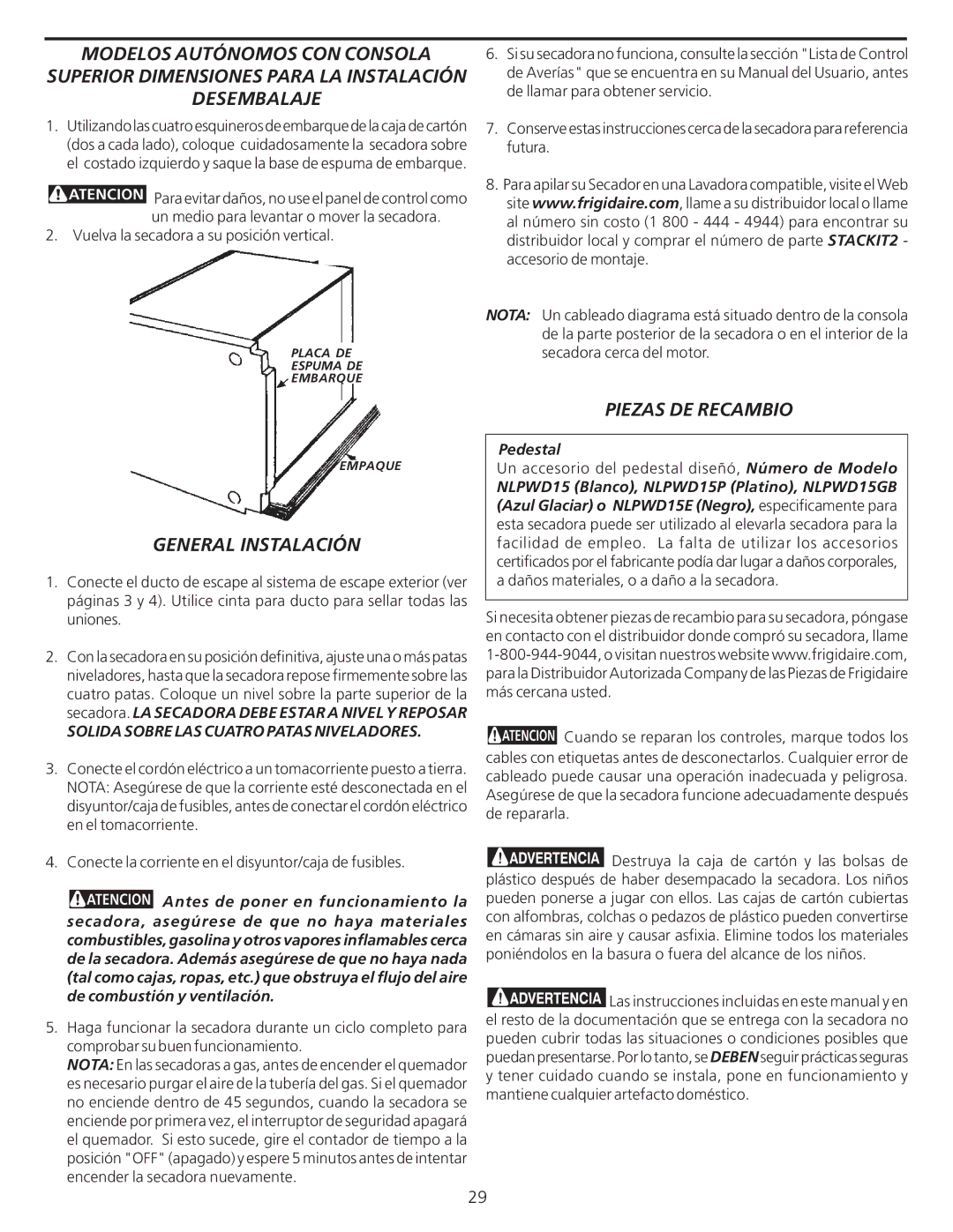 Frigidaire 137101400 Modelos Autónomos CON Consola, Desembalaje, General Instalación, Piezas DE Recambio 