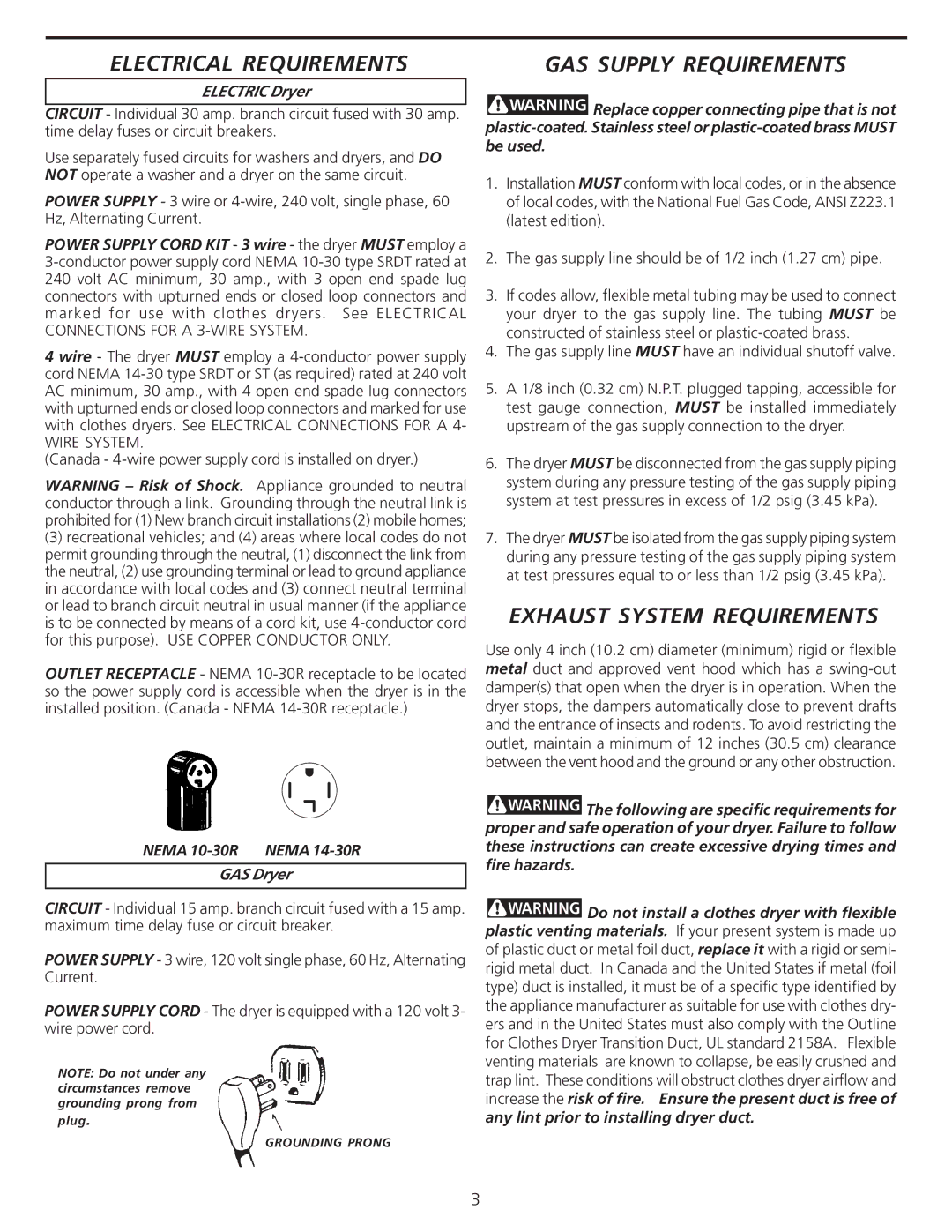 Frigidaire 137101400 Electrical Requirements, GAS Supply Requirements, Exhaust System Requirements, Electric Dryer 