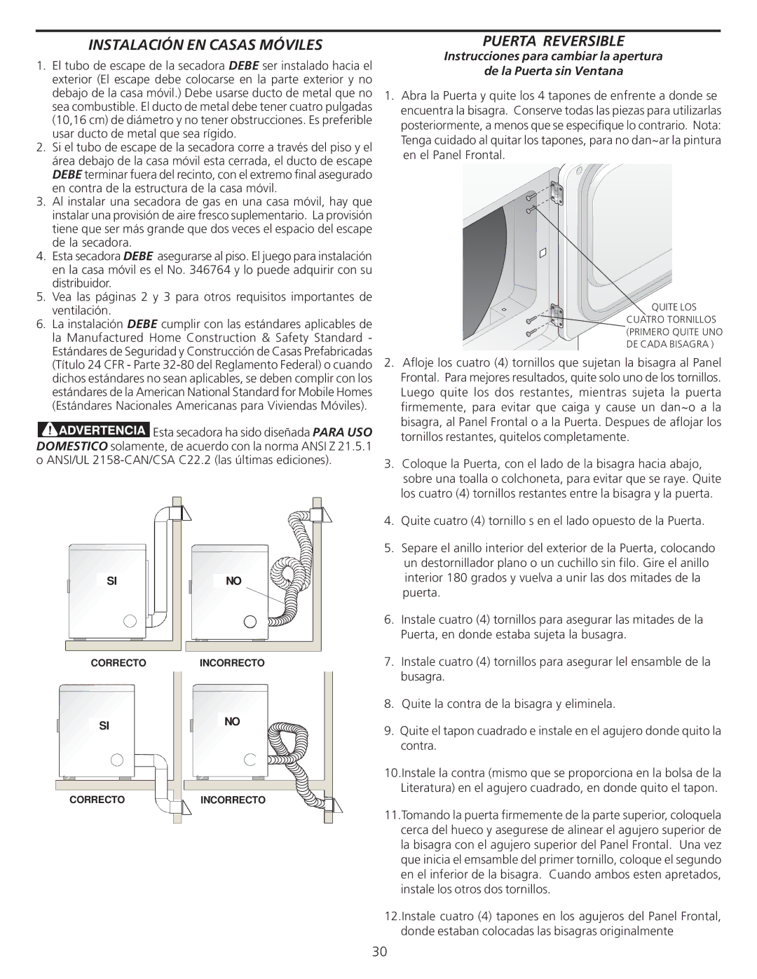 Frigidaire 137101400 installation instructions Instalación EN Casas Móviles, Puerta Reversible 