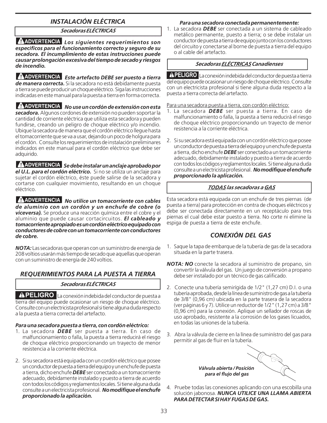 Frigidaire 137101400 installation instructions Instalación Eléctrica, Conexión DEL GAS, Para Detectar SI HAY Fugas DE GAS 