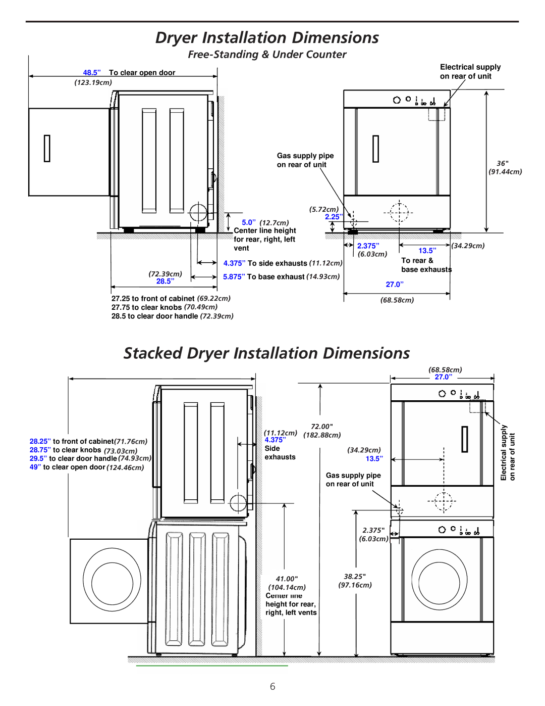 Frigidaire 137101400 installation instructions Dryer Installation Dimensions 