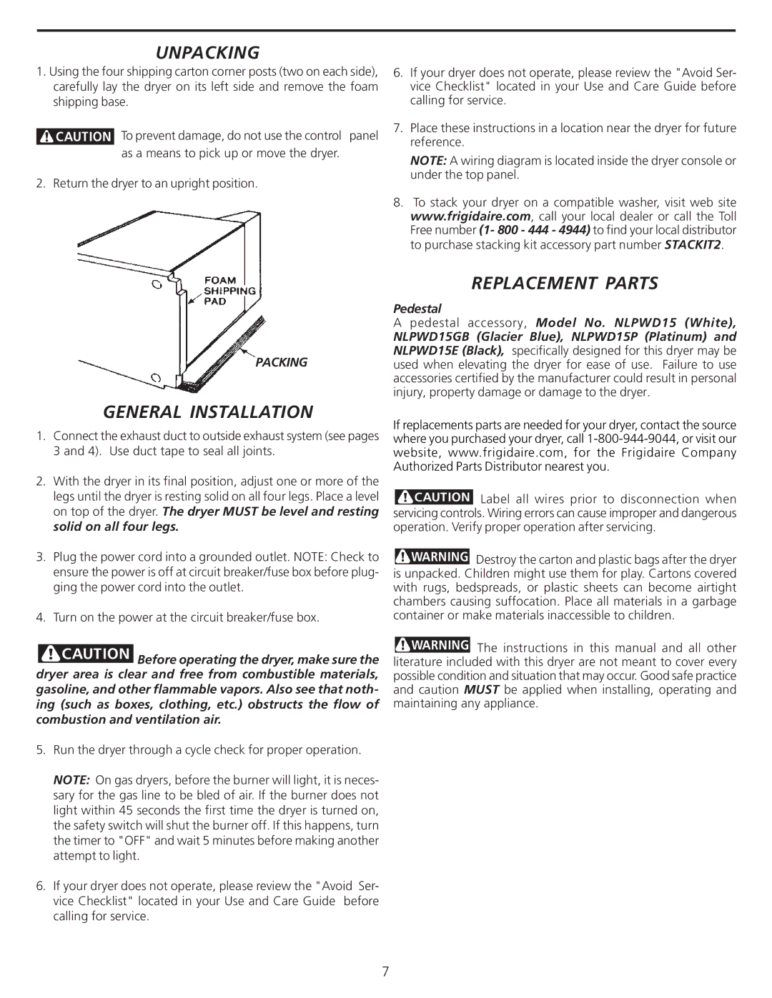 Frigidaire 137101400 installation instructions Unpacking, Replacement Parts, General Installation 