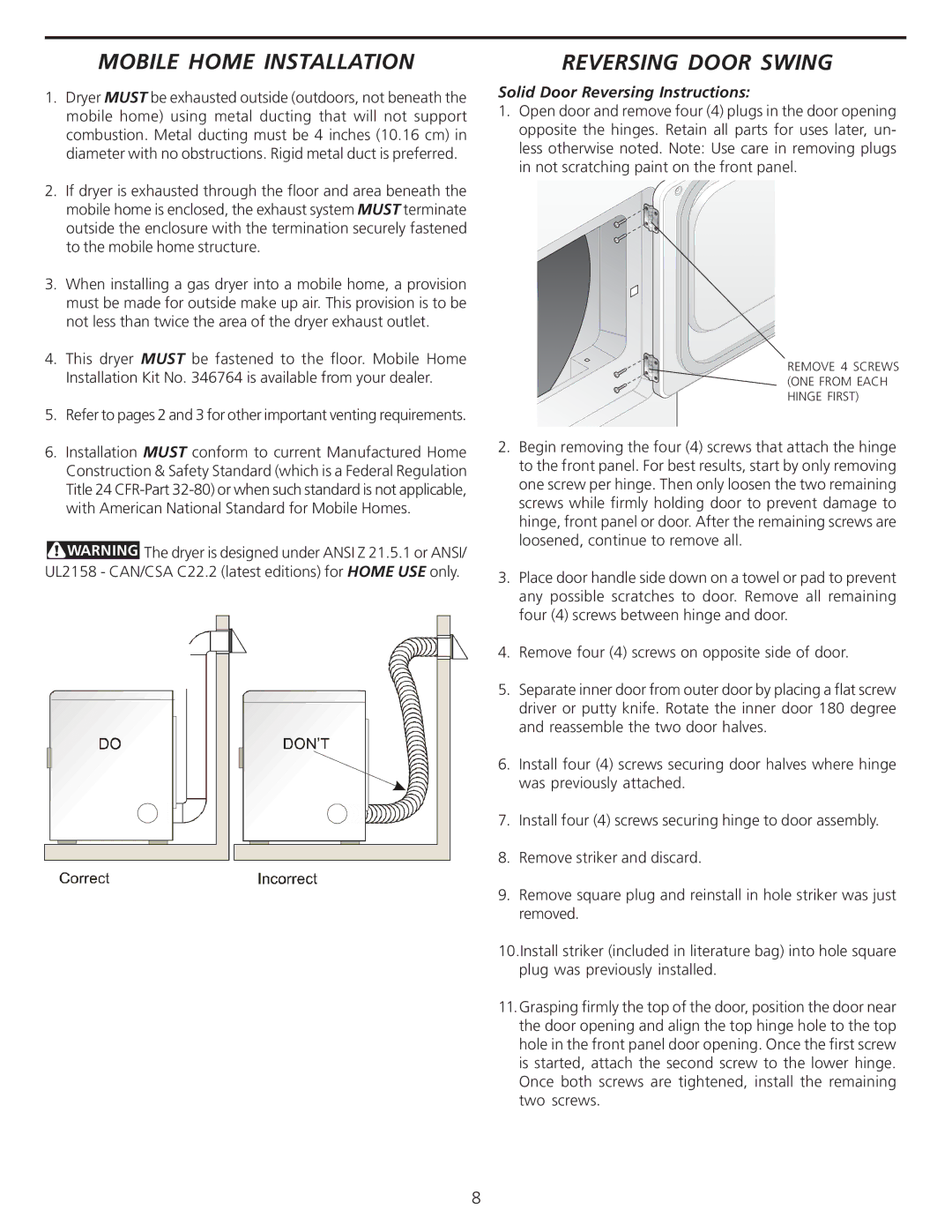 Frigidaire 137101400 Mobile Home Installation, Reversing Door Swing, Solid Door Reversing Instructions 