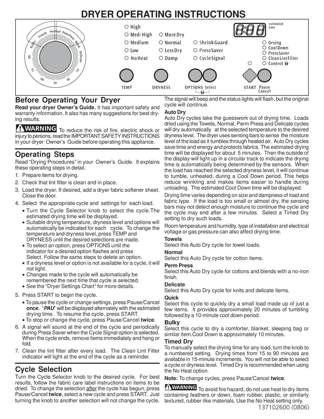 Frigidaire 137102600 operating instructions Dryer Operating Instructions, Before Operating Your Dryer, Operating Steps 