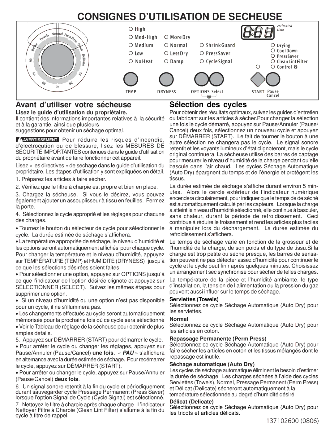 Frigidaire 137102600 operating instructions Consignes D’UTILISATION DE Secheuse, Avant d’utiliser votre sécheuse 