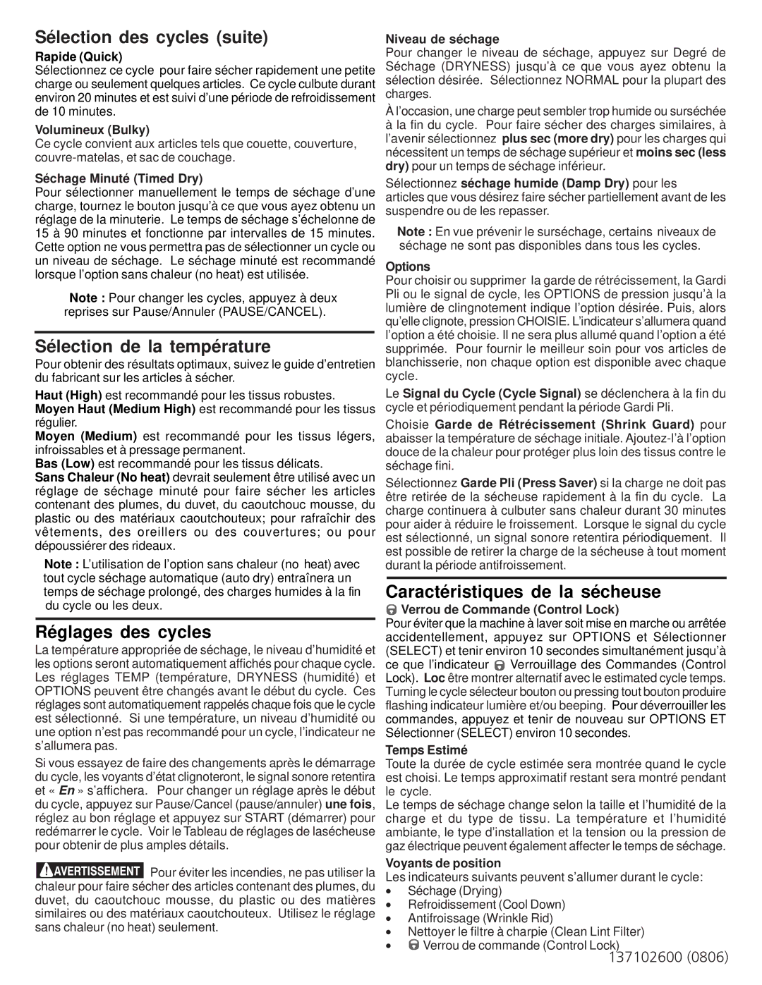 Frigidaire 137102600 operating instructions Sélection des cycles suite, Sélection de la température, Réglages des cycles 