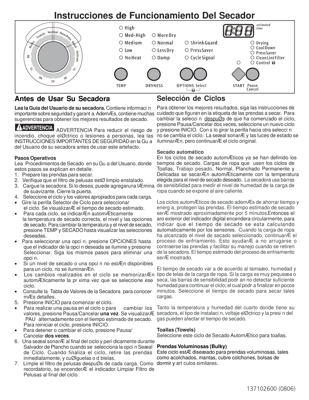 Frigidaire 137102600 Antes de Usar Su Secadora, Selección de Ciclos, Pasos Operativos, Toallas Towels 