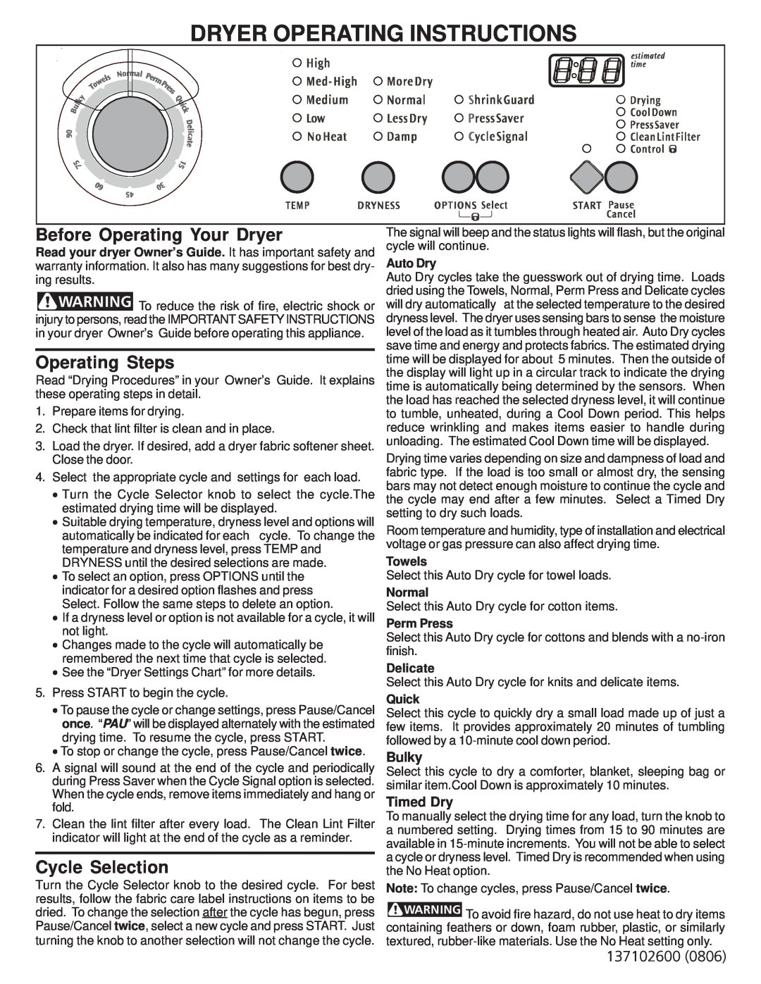 Frigidaire 137102600 operating instructions Dryer Operating Instructions, Before Operating Your Dryer, Operating Steps 