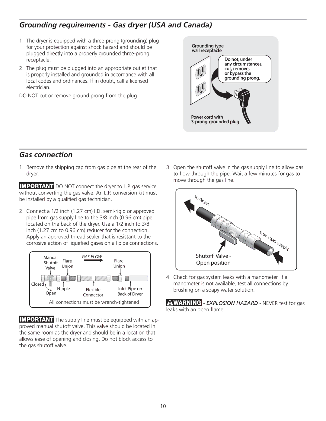 Frigidaire 137111500B installation instructions Grounding requirements Gas dryer USA and Canada, Gas connection 