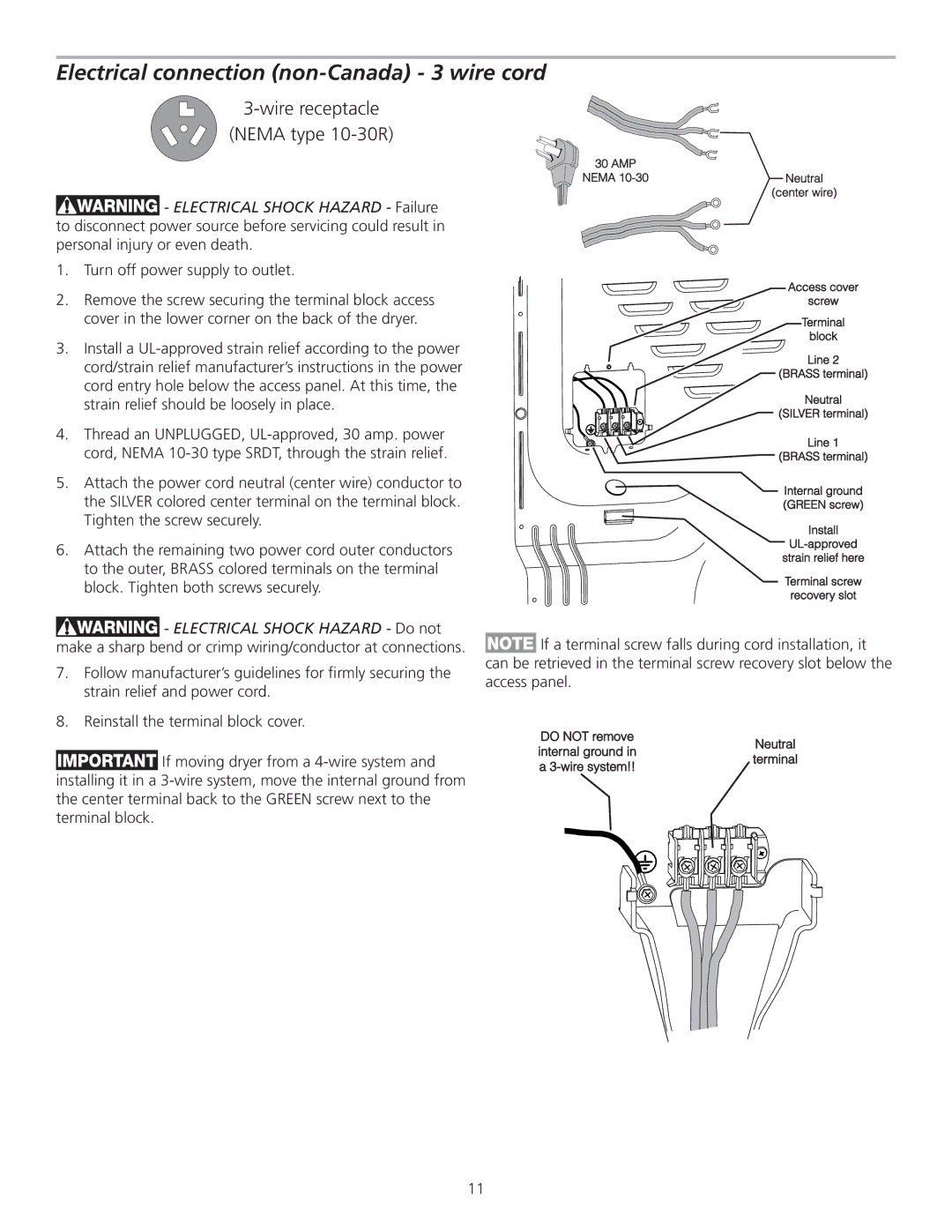 Frigidaire 137111500B Electrical connection non-Canada 3 wire cord, Turn off power supply to outlet 