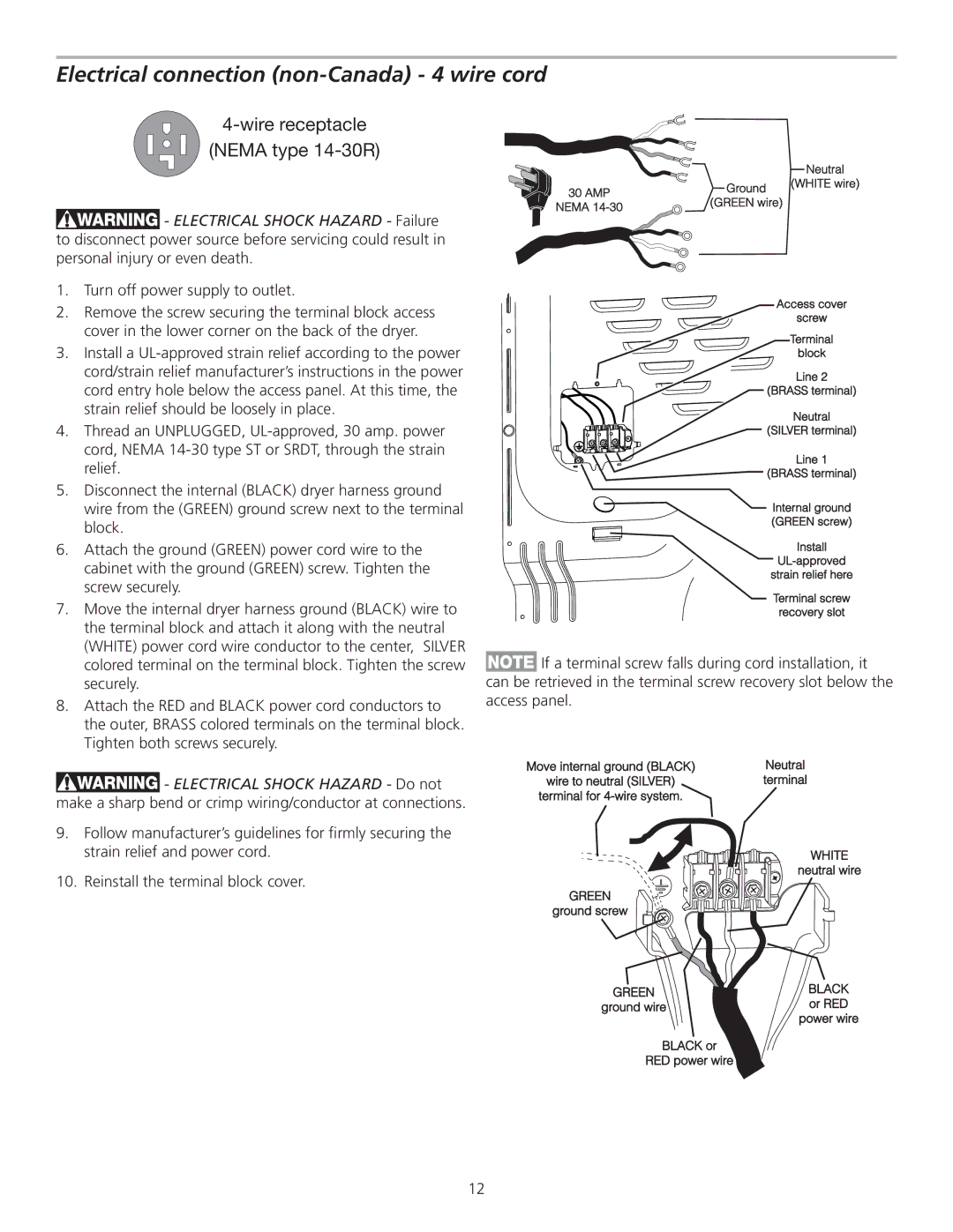 Frigidaire 137111500B installation instructions Electrical connection non-Canada 4 wire cord 