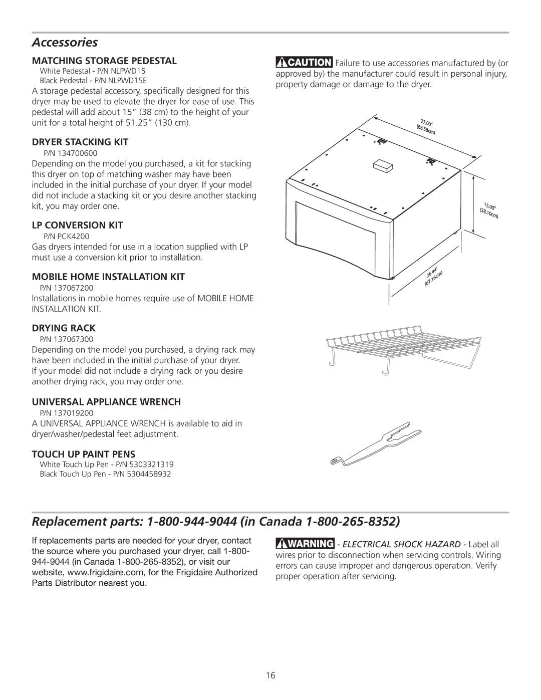 Frigidaire 137111500B installation instructions Accessories, Replacement parts 1-800-944-9044 in Canada 