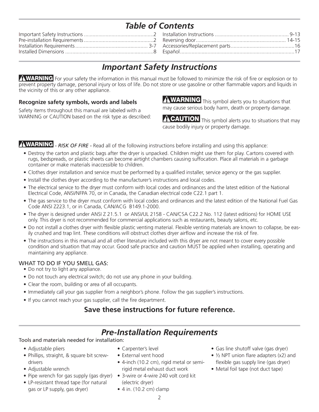 Frigidaire 137111500B installation instructions Table of Contents 