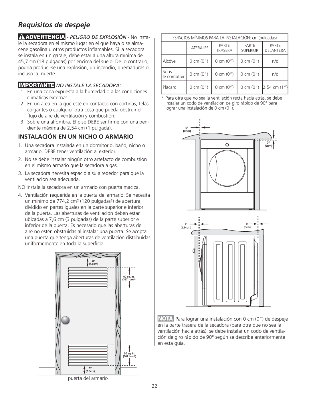 Frigidaire 137111500B installation instructions Requisitos de despeje, No Instale LA Secadora 