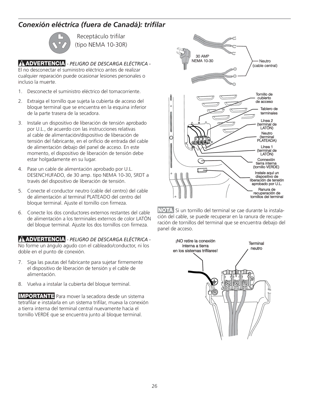 Frigidaire 137111500B installation instructions Conexión eléctrica fuera de Canadá triﬁlar, Tornillo Verde 