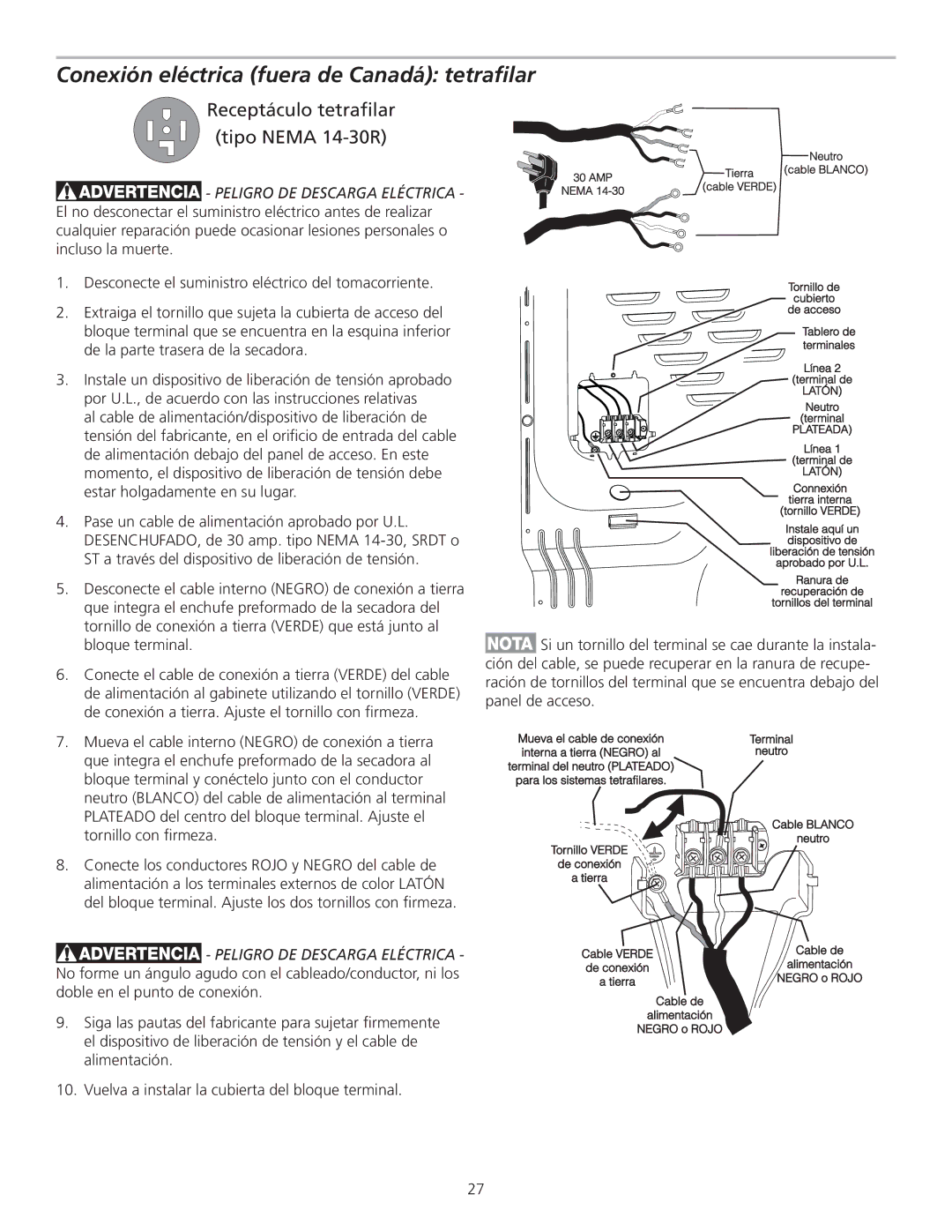 Frigidaire 137111500B installation instructions Conexión eléctrica fuera de Canadá tetraﬁlar 