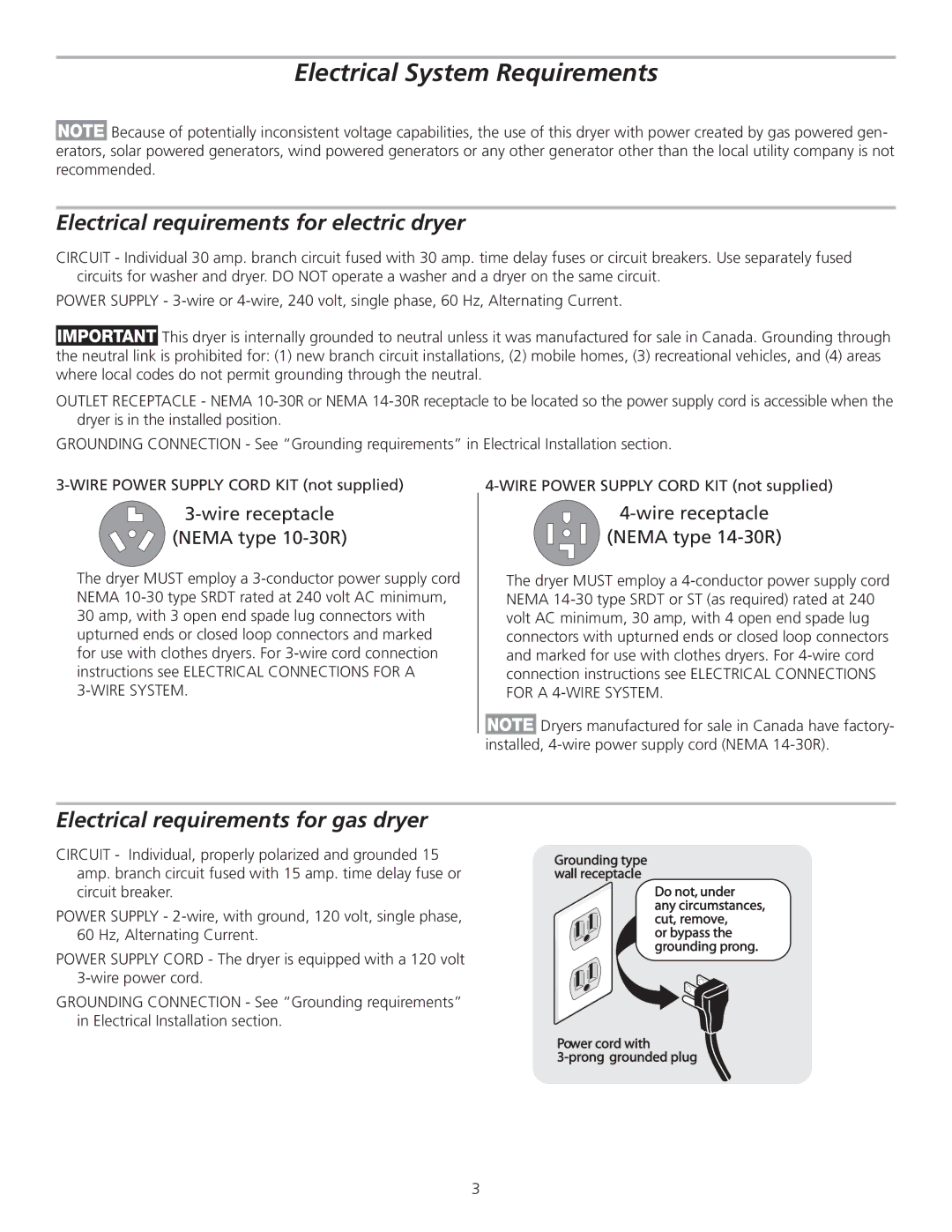 Frigidaire 137111500B Electrical requirements for electric dryer, Electrical requirements for gas dryer 