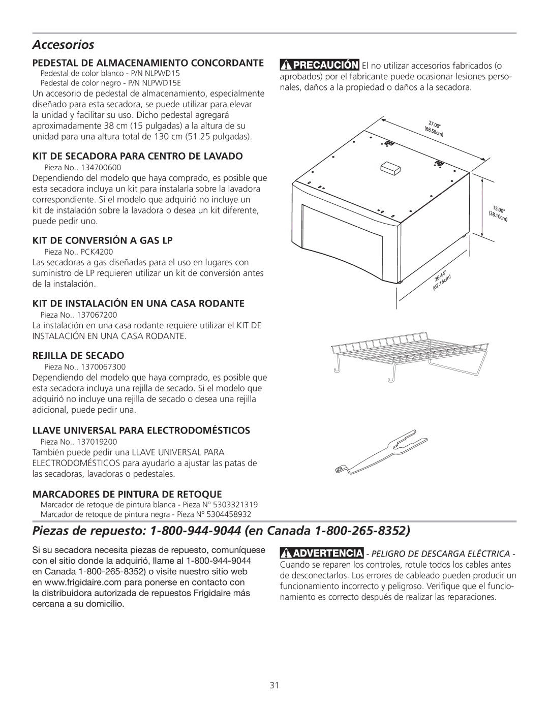 Frigidaire 137111500B installation instructions Accesorios, Piezas de repuesto 1-800-944-9044 en Canada 