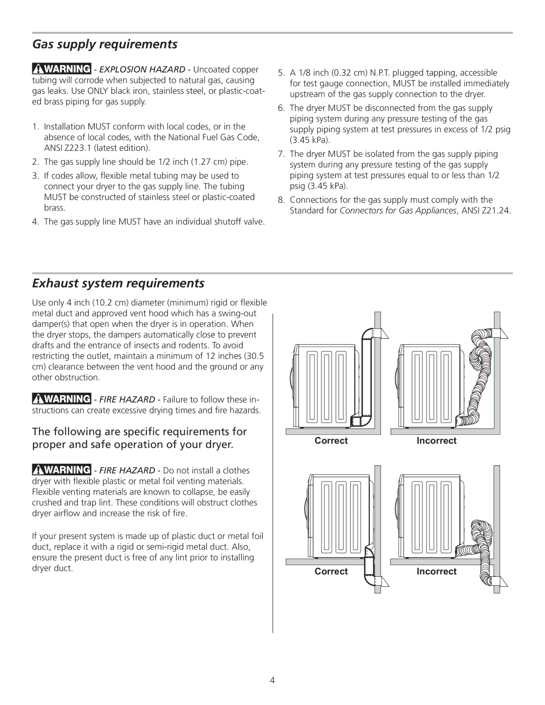 Frigidaire 137111500B installation instructions Gas supply requirements, Exhaust system requirements 