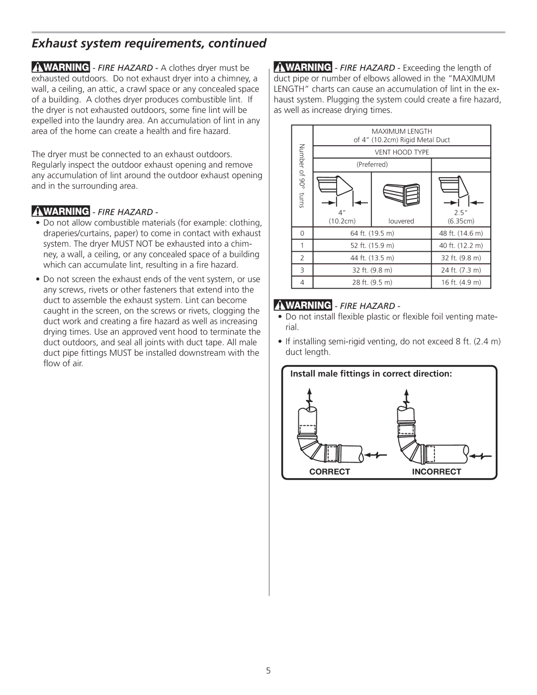 Frigidaire 137111500B installation instructions Exhaust system requirements 