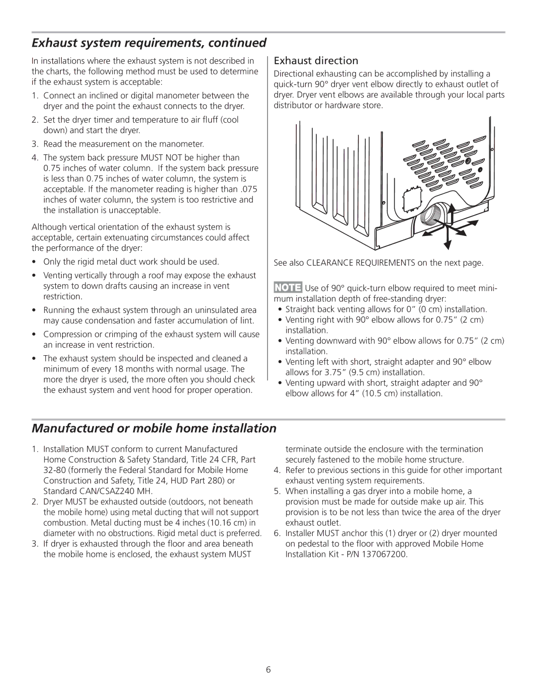 Frigidaire 137111500B installation instructions Manufactured or mobile home installation, Exhaust direction 