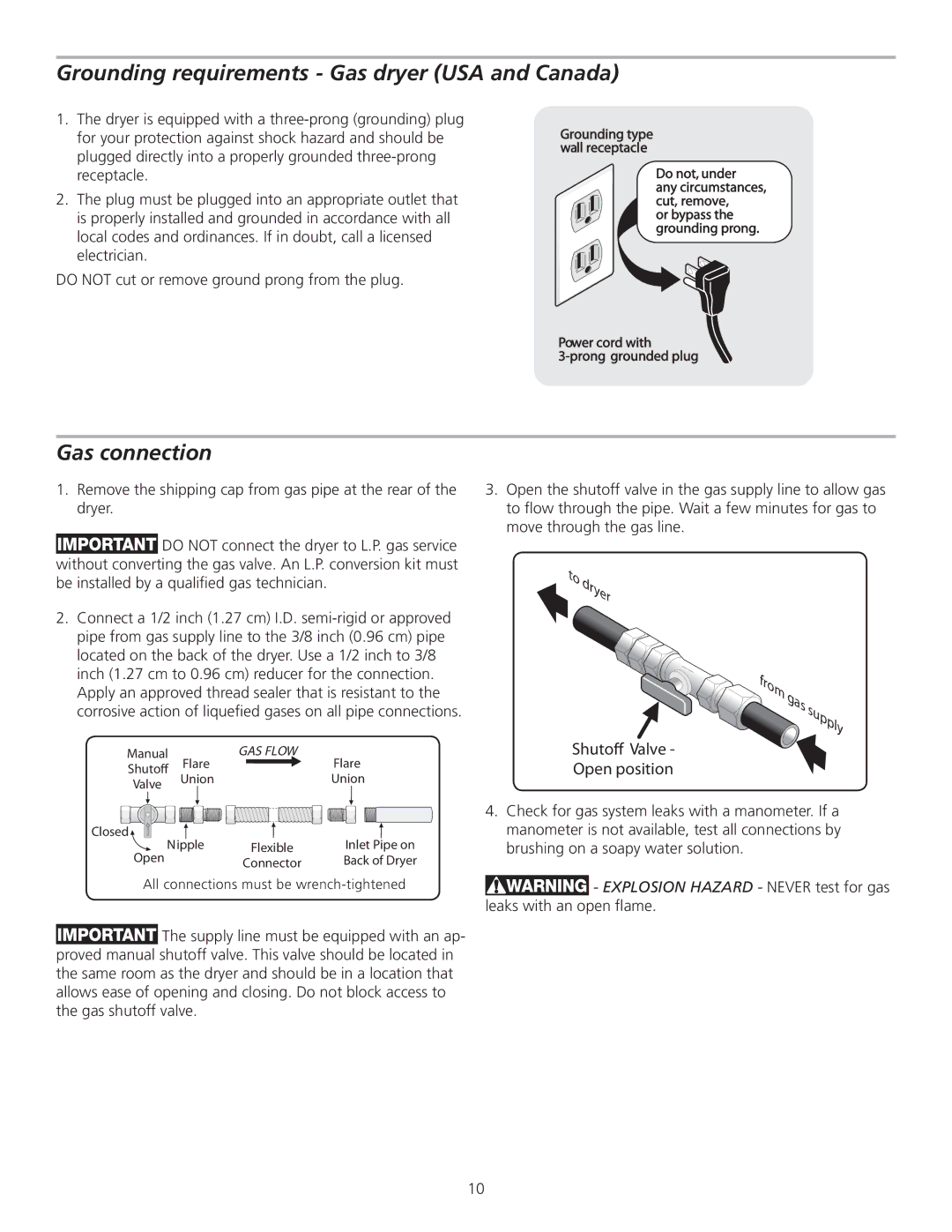 Frigidaire 137111800B installation instructions Grounding requirements Gas dryer USA and Canada, Gas connection 