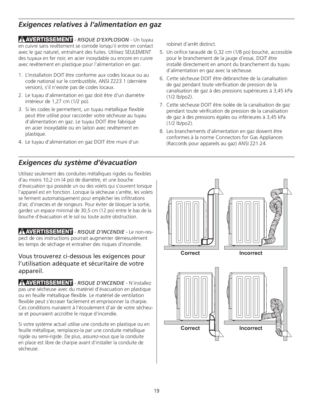 Frigidaire 137111800B Exigences relatives à l’alimentation en gaz, Exigences du système d’évacuation 