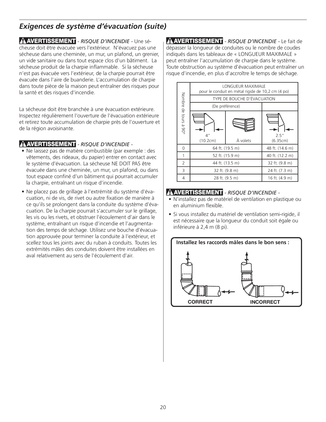 Frigidaire 137111800B installation instructions Exigences de système d’évacuation suite, Risque D’INCENDIE 