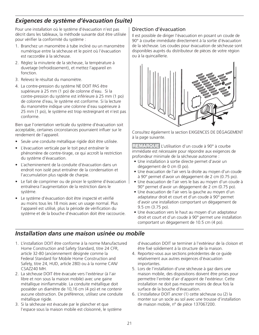 Frigidaire 137111800B installation instructions Installation dans une maison usinée ou mobile, Direction d’évacuation 