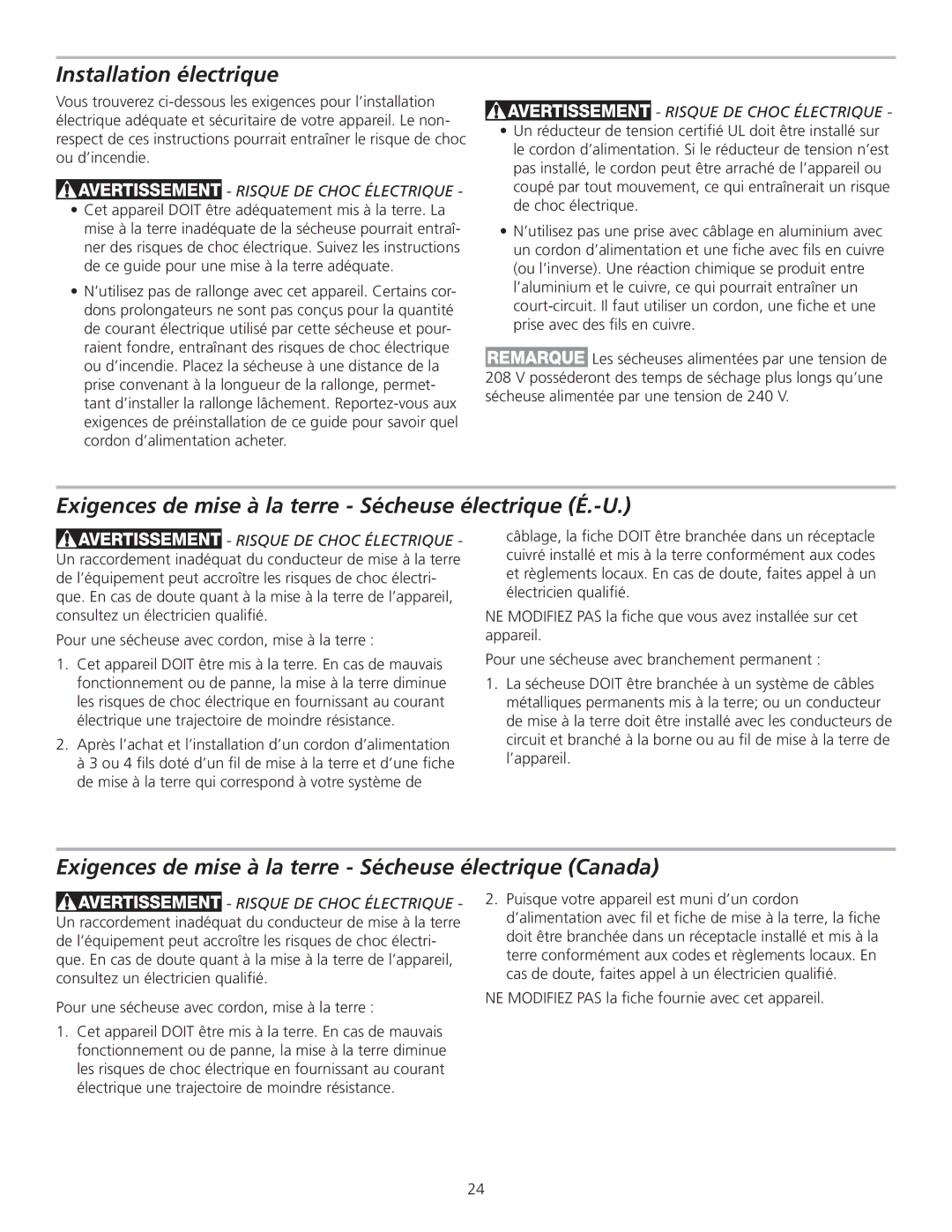 Frigidaire 137111800B Installation électrique, Exigences de mise à la terre Sécheuse électrique É.-U 