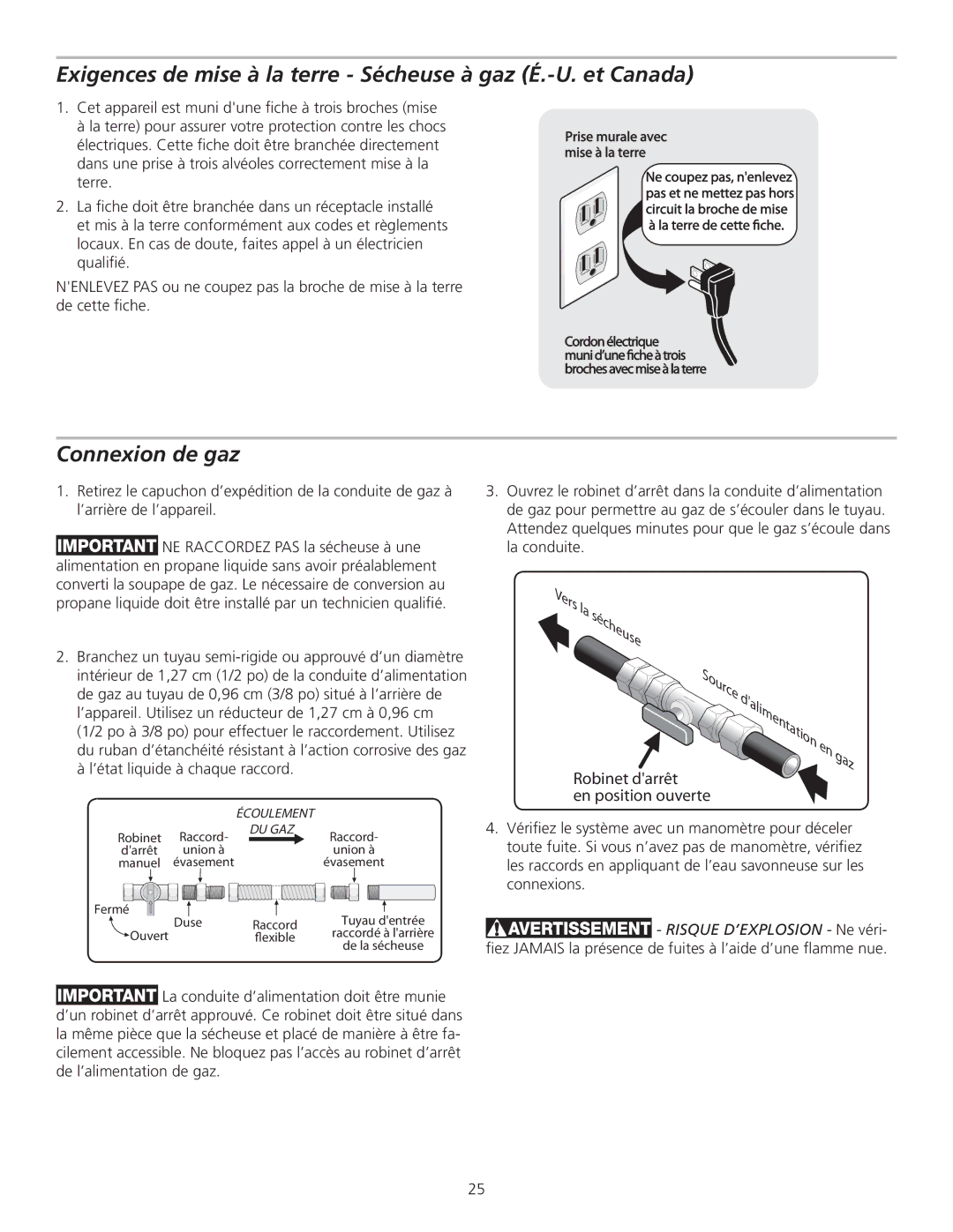 Frigidaire 137111800B Exigences de mise à la terre Sécheuse à gaz É.-U. et Canada, Connexion de gaz 