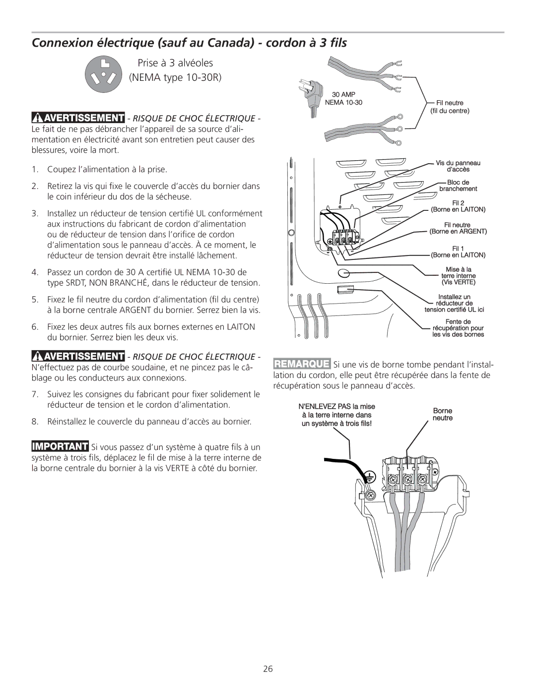 Frigidaire 137111800B installation instructions Connexion électrique sauf au Canada cordon à 3 ﬁls, Fil neutre 