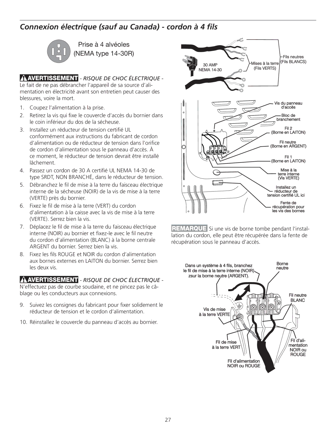 Frigidaire 137111800B installation instructions Connexion électrique sauf au Canada cordon à 4 ﬁls 