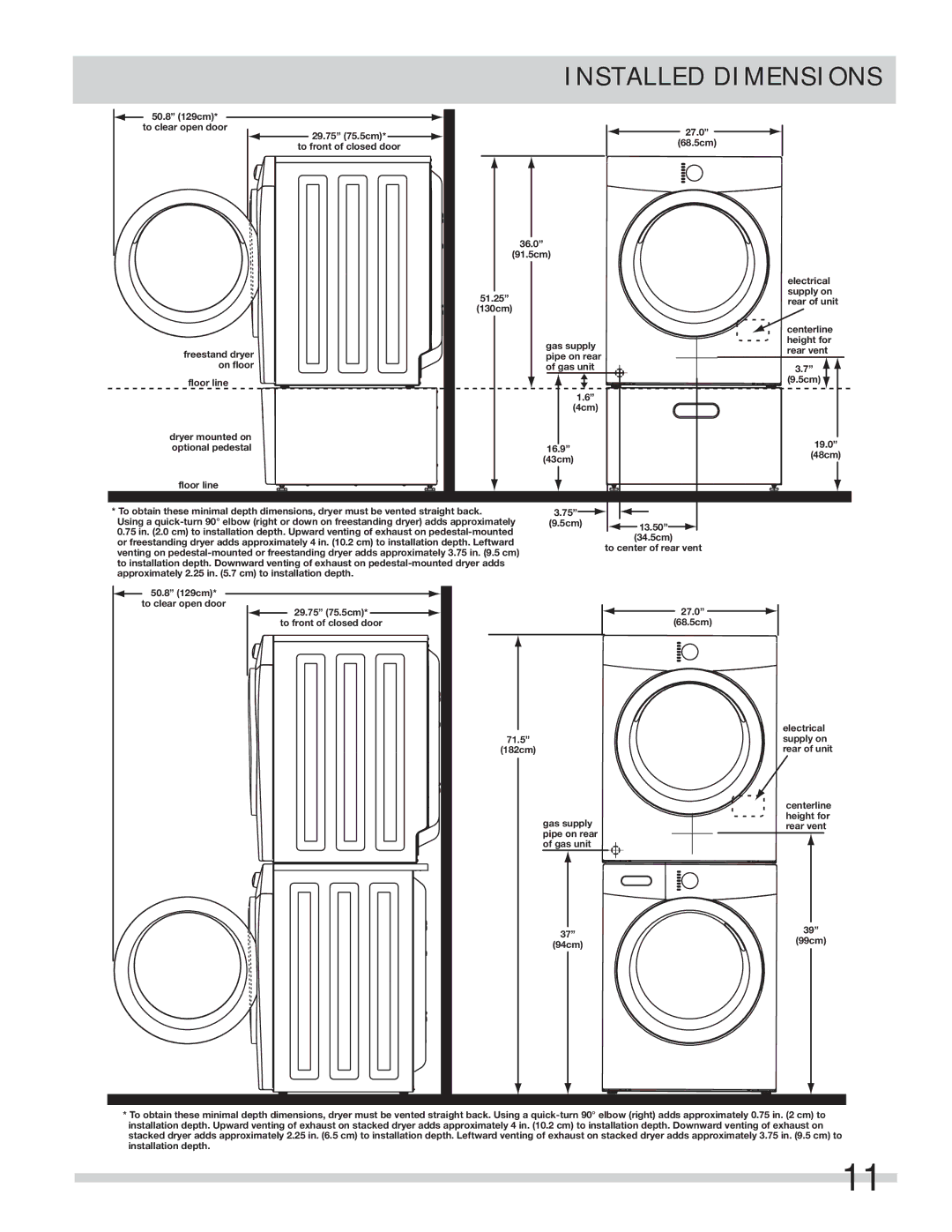 Frigidaire 137112200B important safety instructions Installed Dimensions 