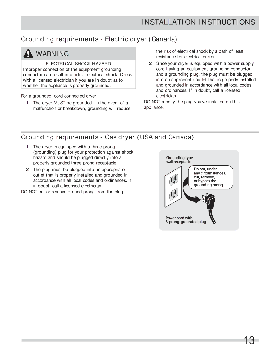 Frigidaire 137112200B Grounding requirements Electric dryer Canada, Grounding requirements Gas dryer USA and Canada 