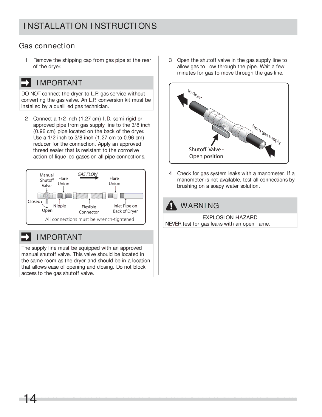 Frigidaire 137112200B important safety instructions Gas connection, To dryer 