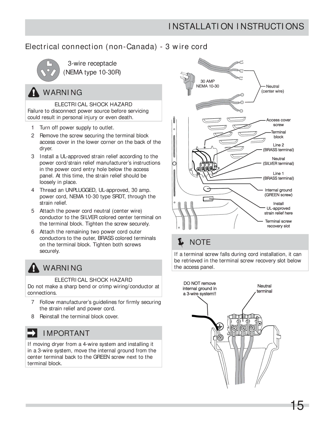 Frigidaire 137112200B Electrical connection non-Canada 3 wire cord, Do not make a sharp bend or crimp wiring/conductor at 