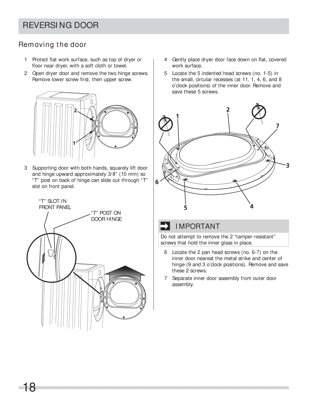 Frigidaire 137112200B important safety instructions Reversing Door, Removing the door 