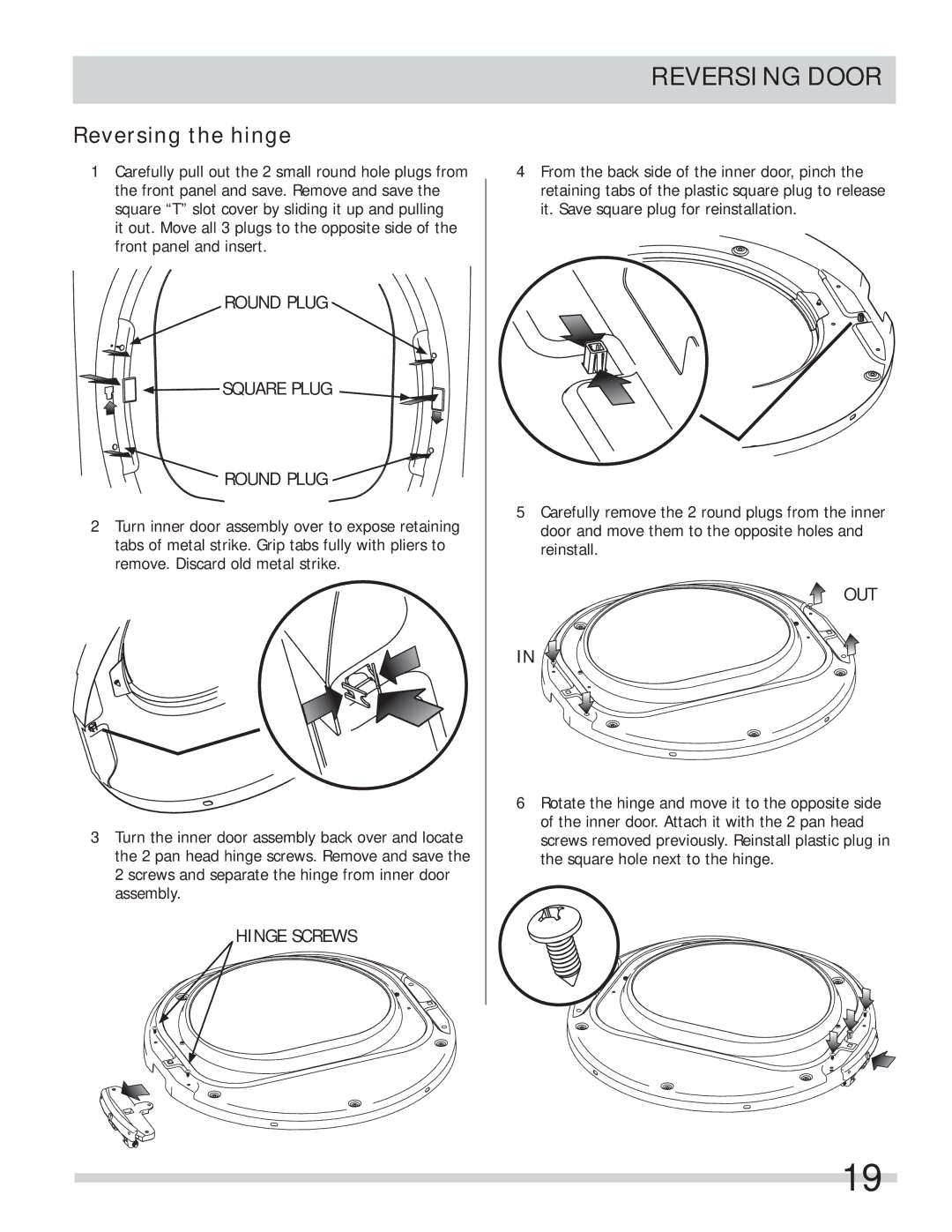 Frigidaire 137112200B important safety instructions Reversing the hinge, Round Plug Square Plug 