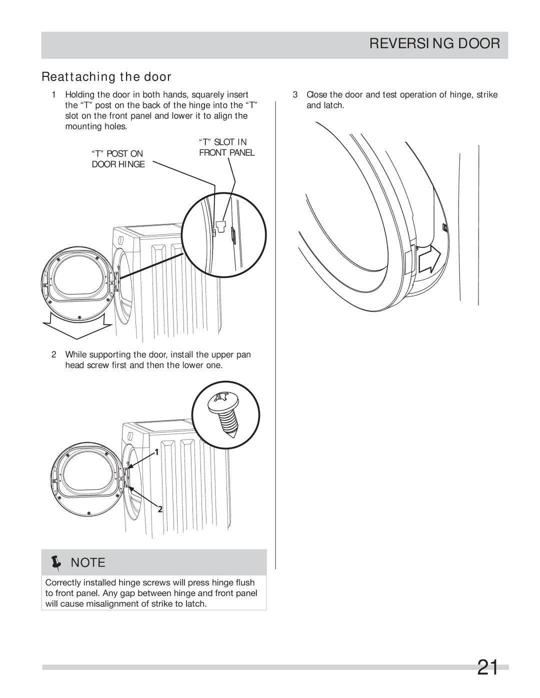 Frigidaire 137112200B important safety instructions Reattaching the door, Slot Post Onfront Panel Door Hinge 