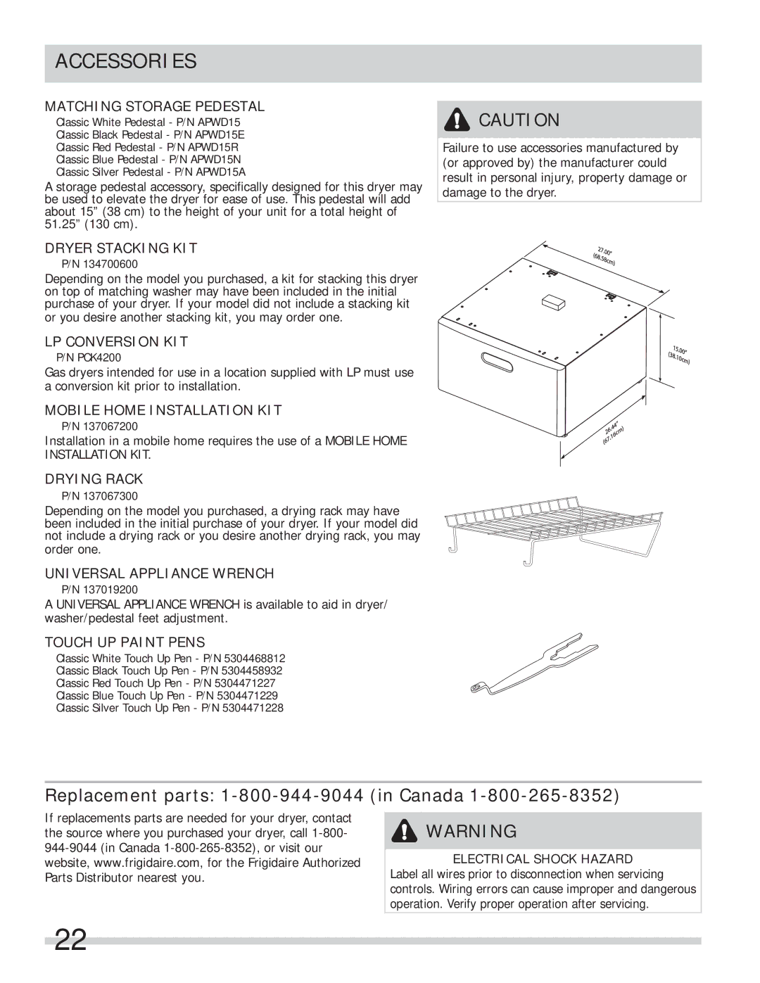 Frigidaire 137112200B important safety instructions Accessories, Replacement parts 1-800-944-9044 in Canada 