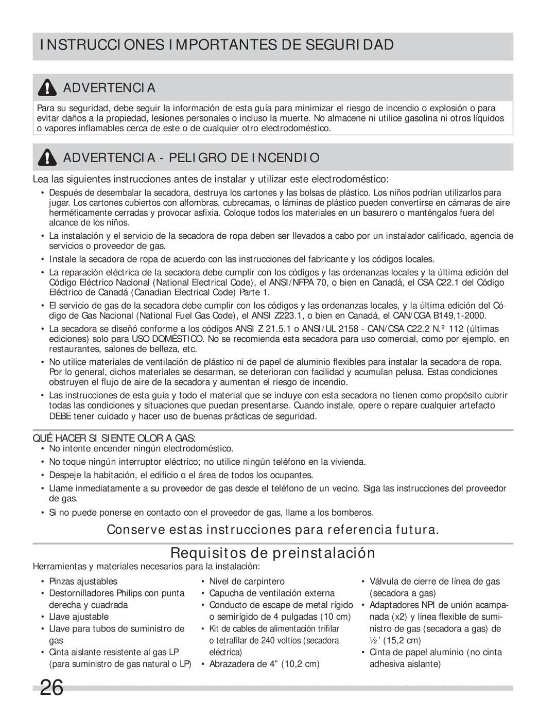 Frigidaire 137112200B Instrucciones Importantes DE Seguridad, Conserve estas instrucciones para referencia futura 