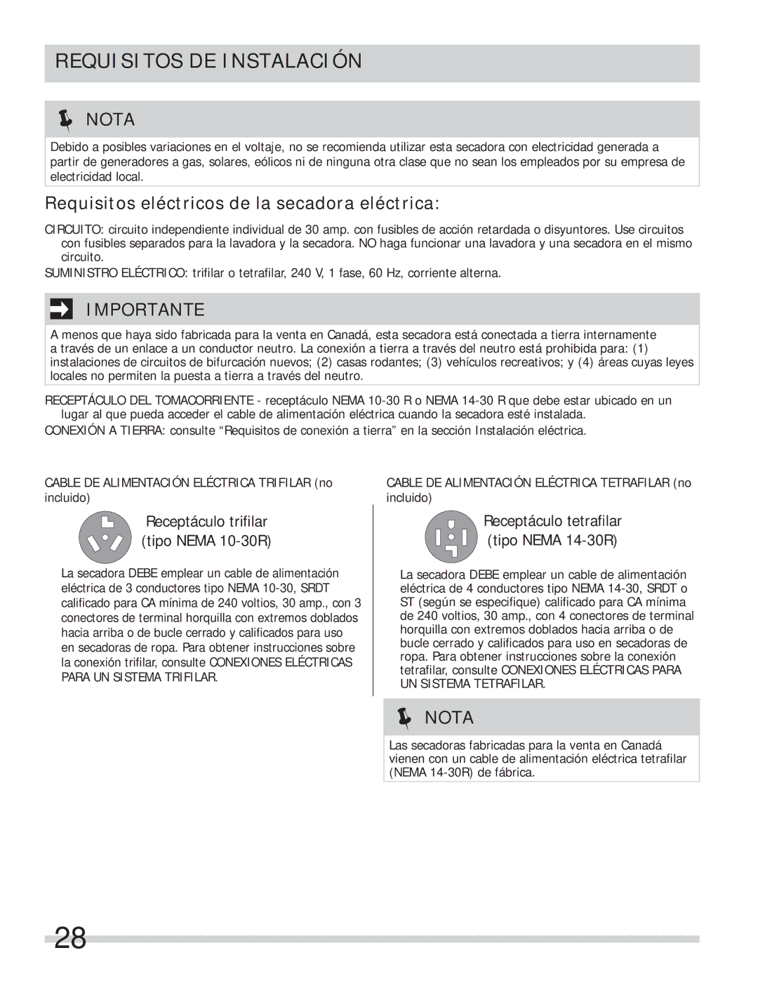 Frigidaire 137112200B Requisitos DE Instalación, Requisitos eléctricos de la secadora eléctrica 