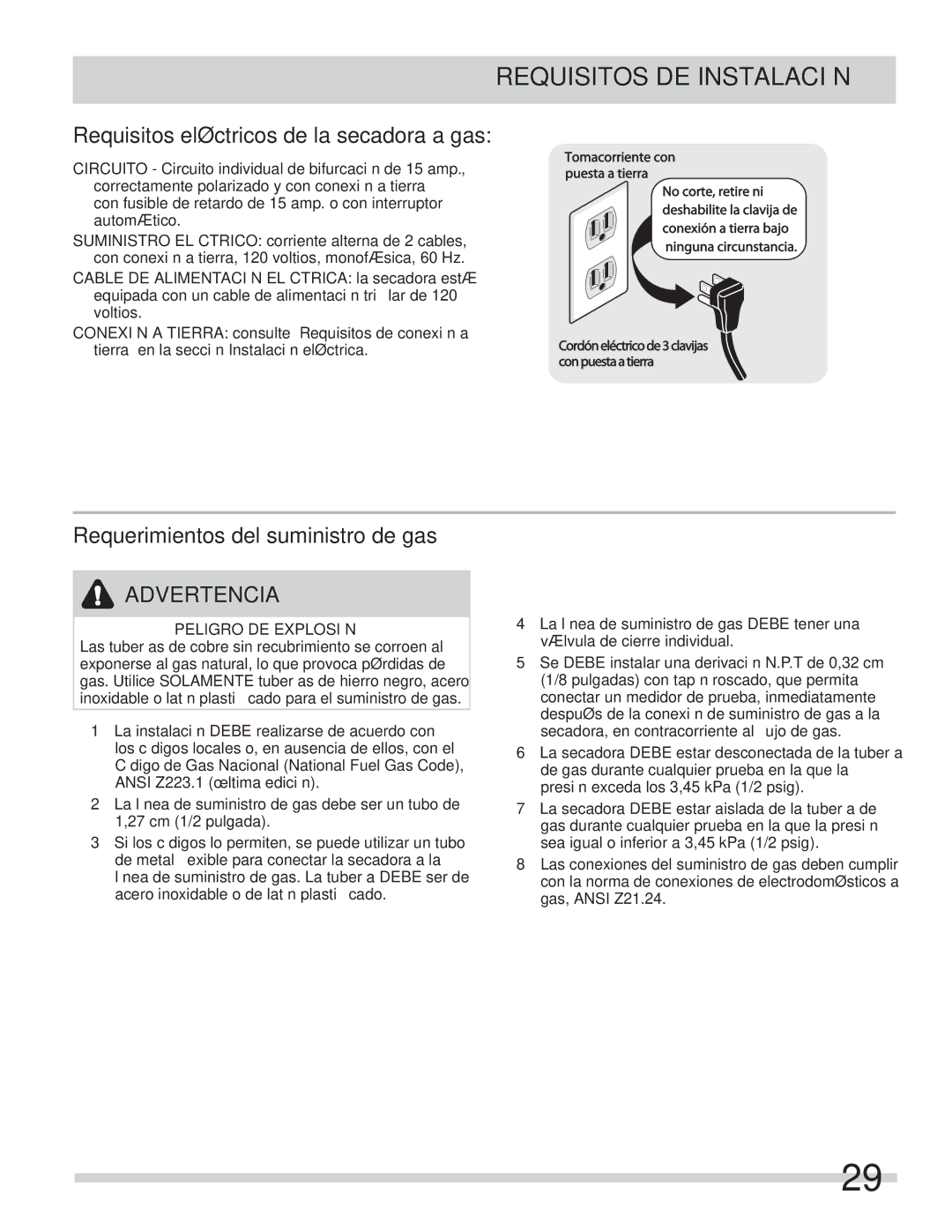 Frigidaire 137112200B Requisitos eléctricos de la secadora a gas, Requerimientos del suministro de gas 