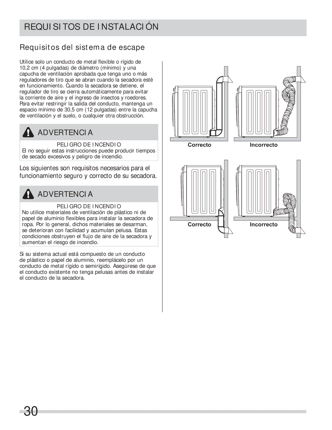 Frigidaire 137112200B important safety instructions Requisitos del sistema de escape, Peligro DE Incendio 