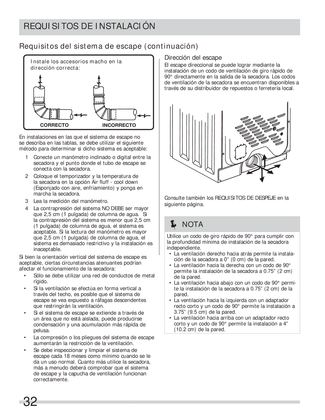 Frigidaire 137112200B important safety instructions Dirección del escape 