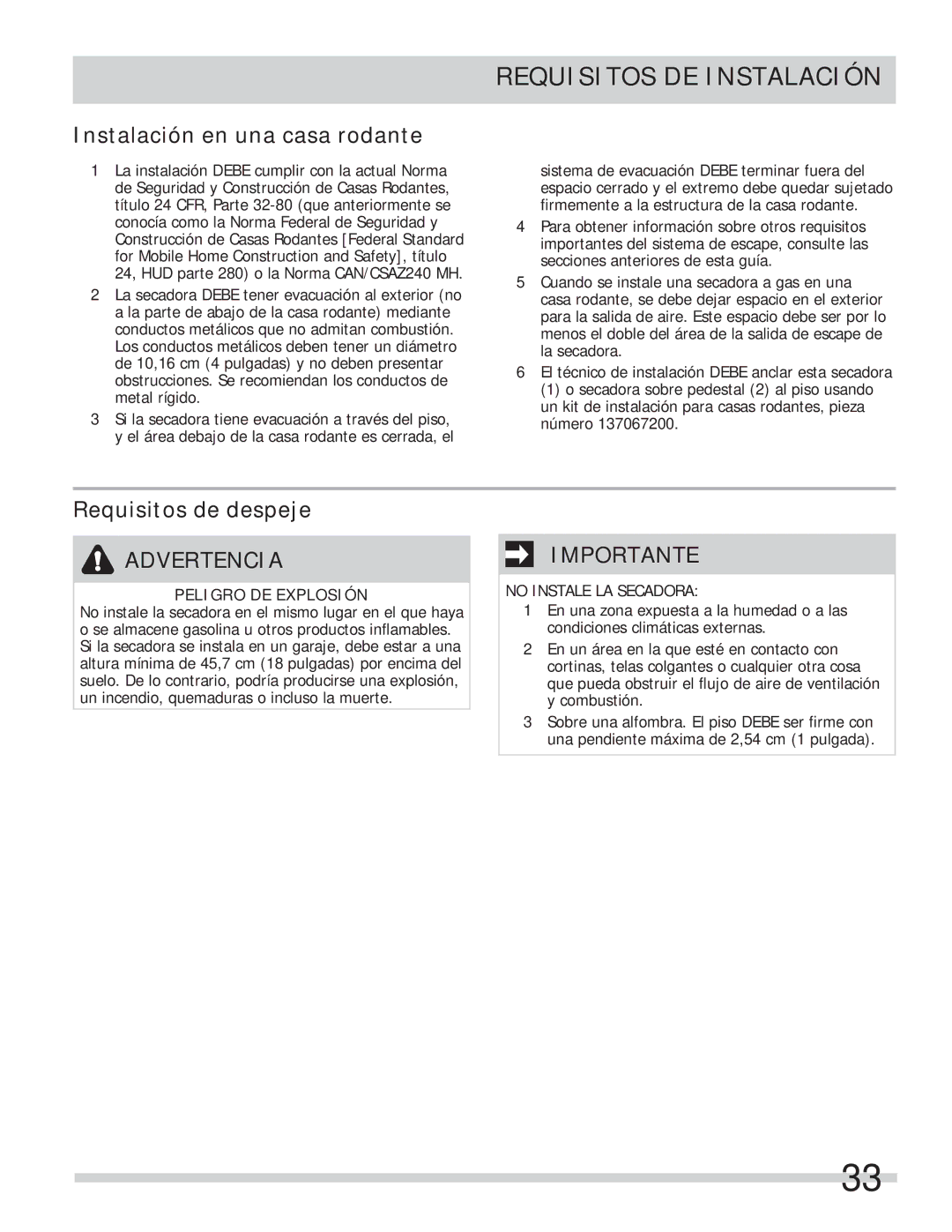 Frigidaire 137112200B important safety instructions Instalación en una casa rodante, Requisitos de despeje 