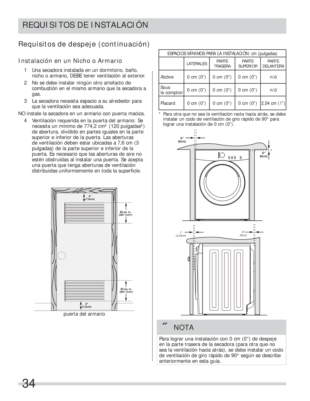 Frigidaire 137112200B important safety instructions Requisitos de despeje continuación, Instalación en un Nicho o Armario 