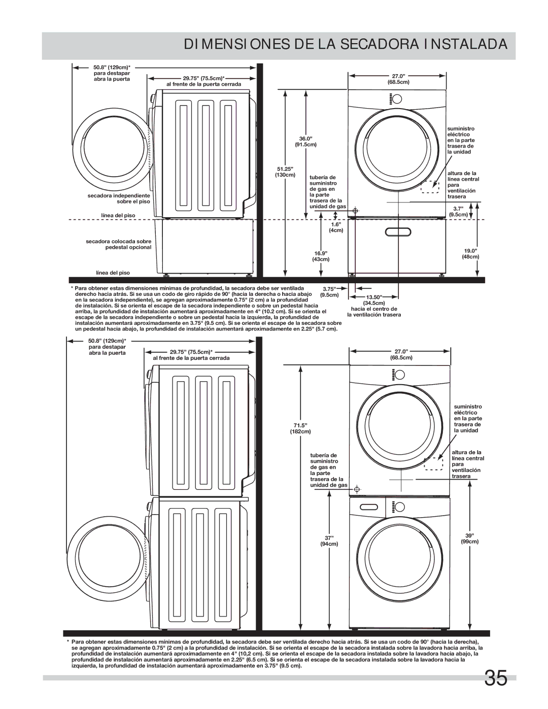 Frigidaire 137112200B important safety instructions Dimensiones DE LA Secadora Instalada 