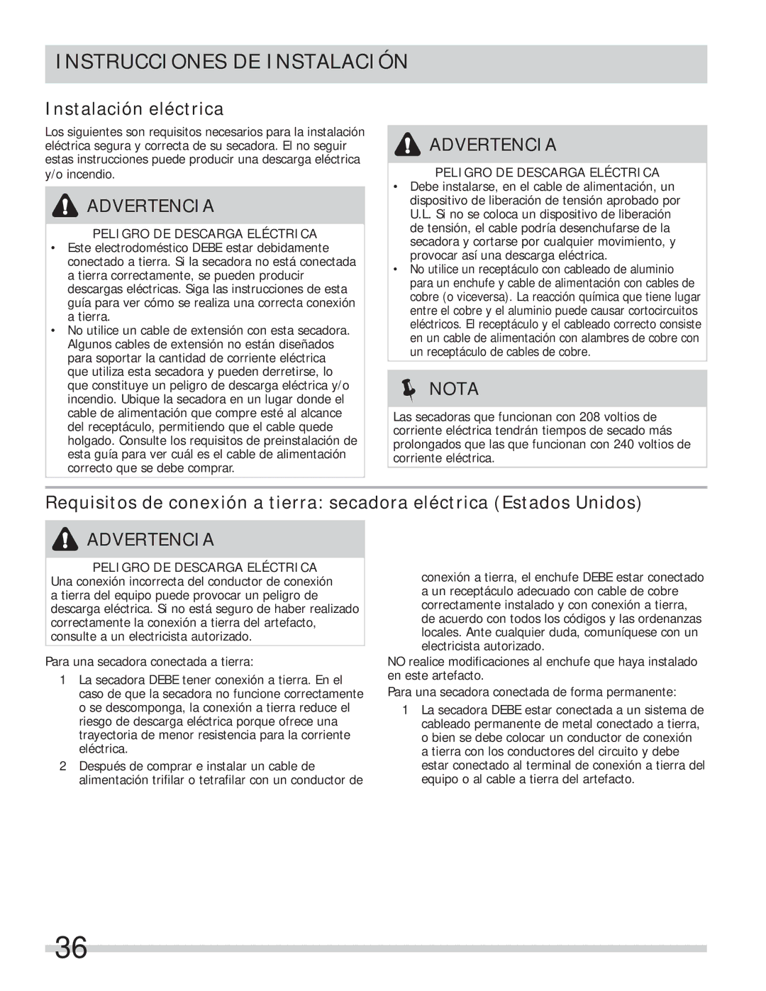 Frigidaire 137112200B important safety instructions Instrucciones DE Instalación, Instalación eléctrica 